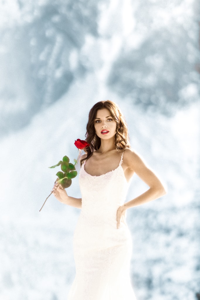 The bride in a white gown holds a red rose against a pale snowy-white background, wedding photography in Catalonia